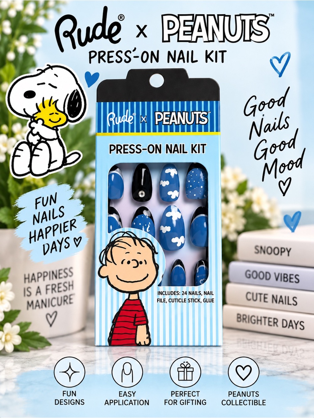 Rude x Peanuts Press On Nail Kit Blue Linus Snoopy 24 Nails